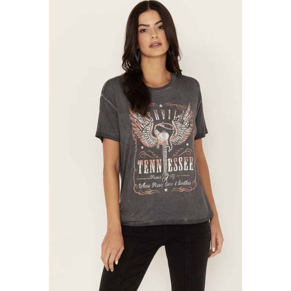 NEW! Nashville Tennessee Rhinestones Music City Graphic T-Shirt Bling Gray SZ M